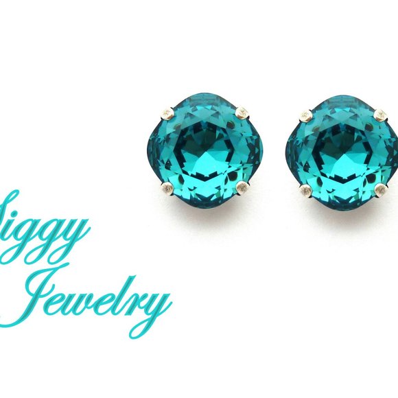 Swarovski Crystal Indicolite Cushion Cut Solitaire Stud Earrings, Teal Blue 10mm - Picture 2 of 6